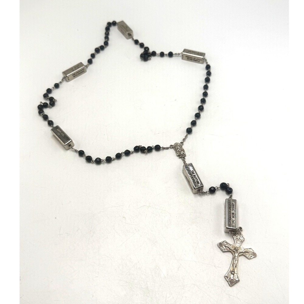 Autom Mysteries of the Rosary Black Bead Crucifix Necklace Silver Tone Prayer
